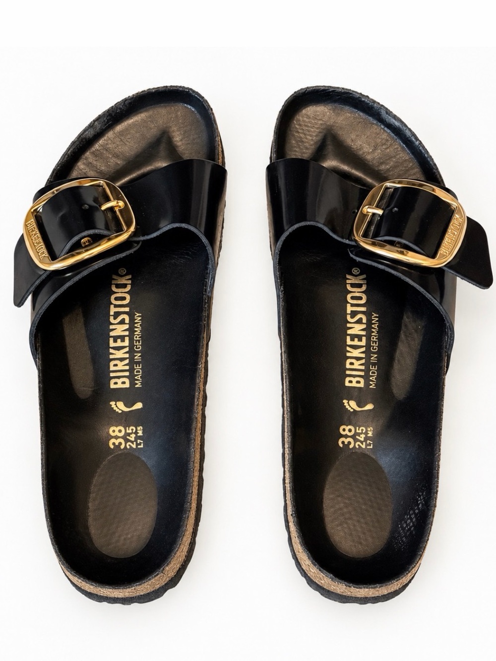 Birkenstock Patent Single-Buckle Slide Sandals in Black with Gold Buckle